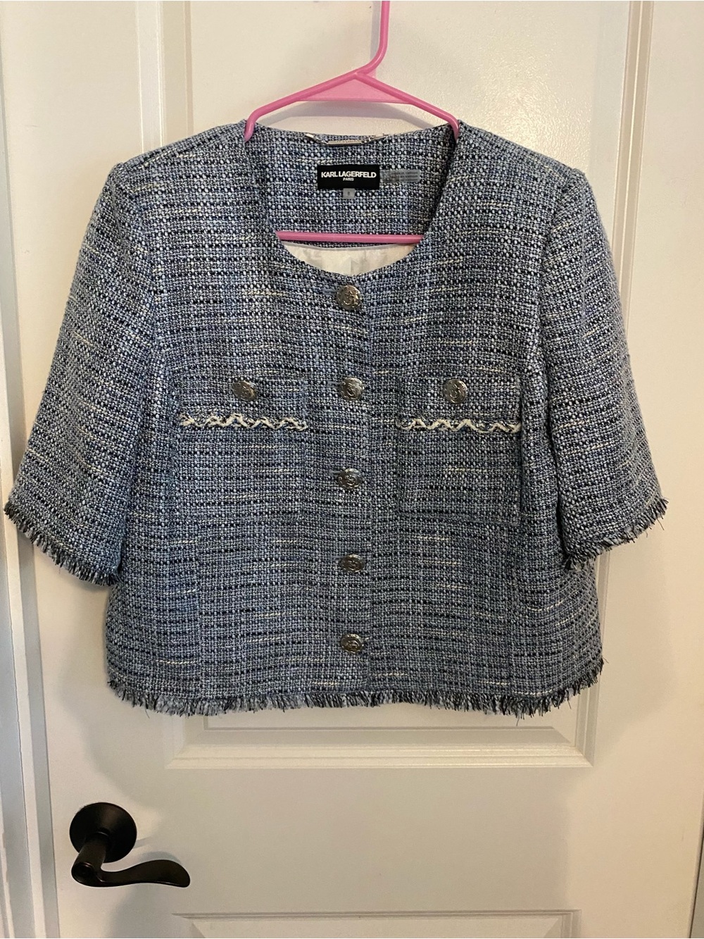 Karl Lagerfeld Paris Light Blue Tweed Short Sleeve Jacket